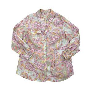 Charter Club Beige Pink Paisley Printed Button Front Linen Shirt